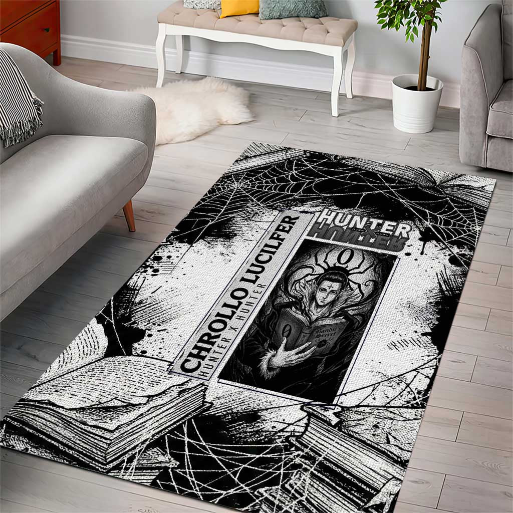 Chrollo Lucilfer Gothic Style Area Rug with Spider Webs, Grimoire Illustration and Monochrome Design - The Mazicc