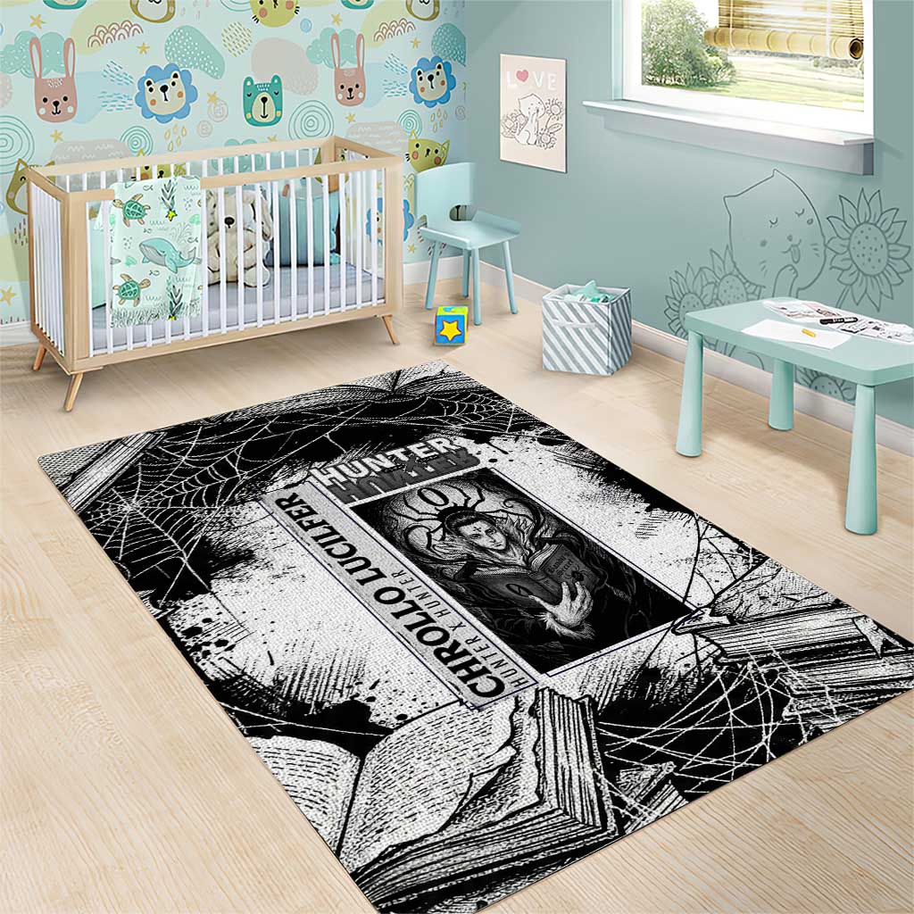 Chrollo Lucilfer Gothic Style Area Rug with Spider Webs, Grimoire Illustration and Monochrome Design - The Mazicc