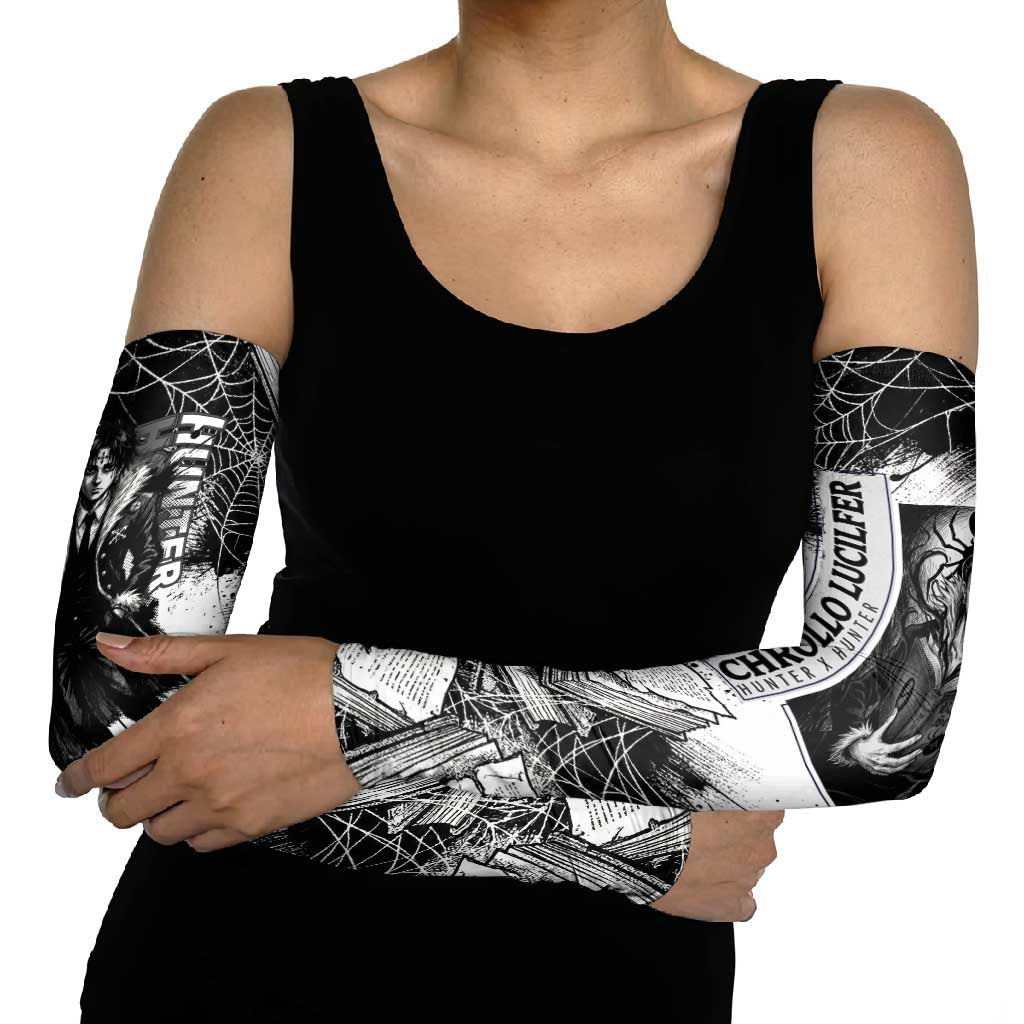 Chrollo Lucilfer Gothic Style Arm Sleeves with Spider Webs, Grimoire Illustration and Monochrome Design - The Mazicc