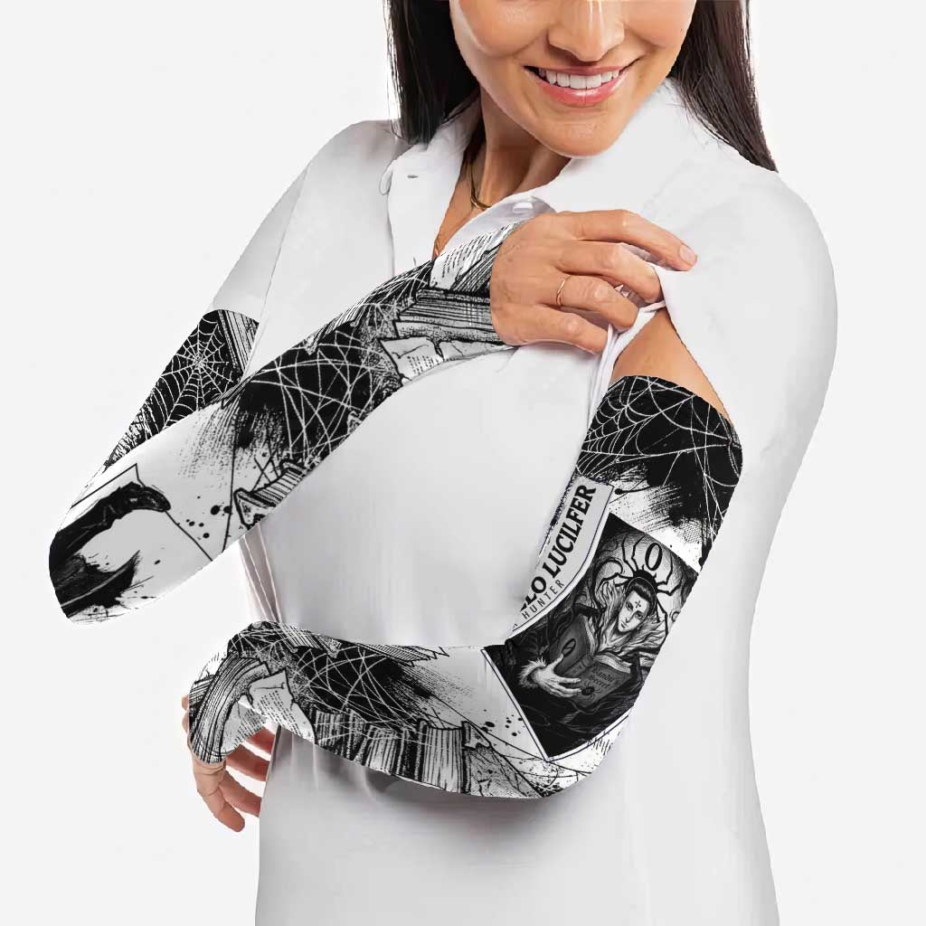 Chrollo Lucilfer Gothic Style Arm Sleeves with Spider Webs, Grimoire Illustration and Monochrome Design - The Mazicc