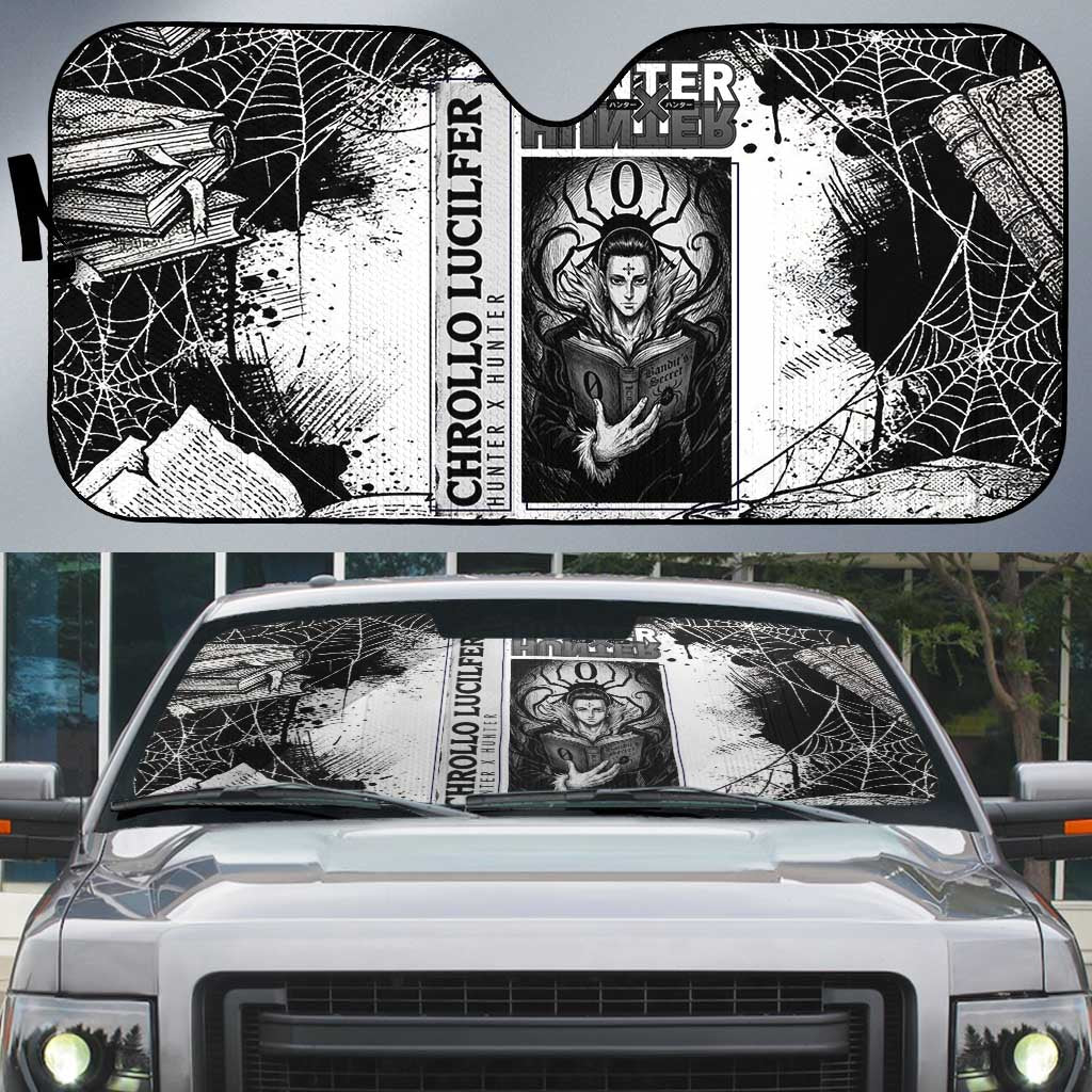 Chrollo Lucilfer Gothic Style Auto Sun Shade with Spider Webs, Grimoire Illustration and Monochrome Design - The Mazicc