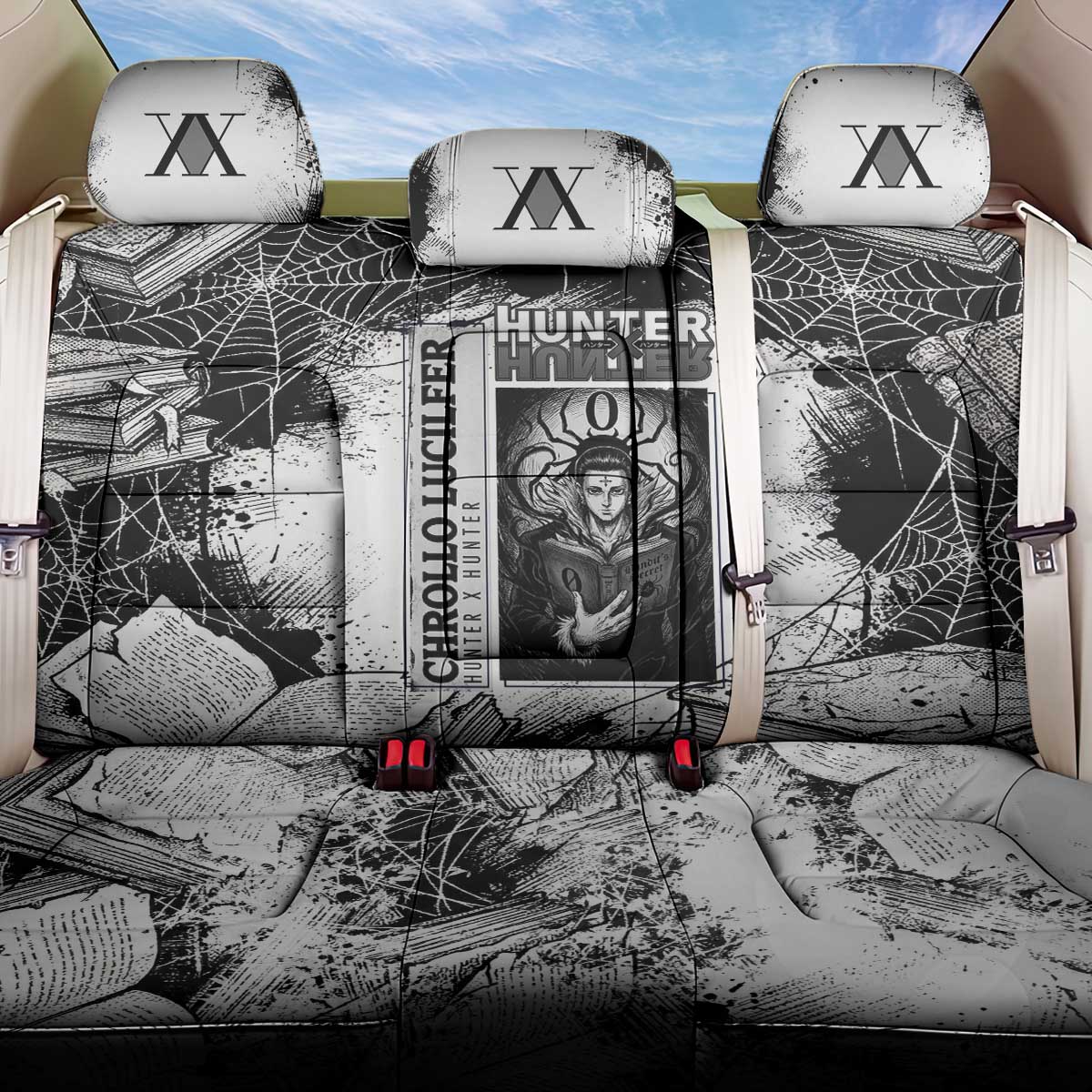 Chrollo Lucilfer Gothic Style Back Car Seat Cover with Spider Webs, Grimoire Illustration and Monochrome Design - The Mazicc
