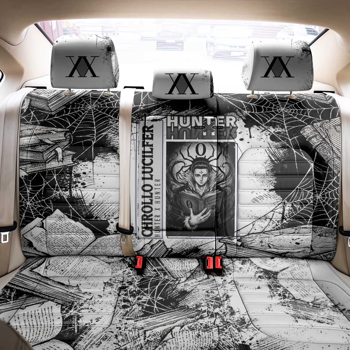 Chrollo Lucilfer Gothic Style Back Car Seat Cover with Spider Webs, Grimoire Illustration and Monochrome Design - The Mazicc