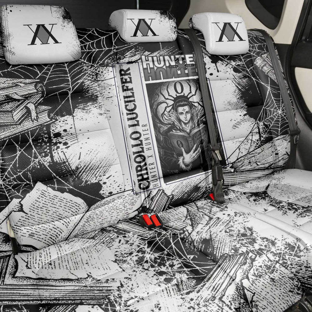 Chrollo Lucilfer Gothic Style Back Car Seat Cover with Spider Webs, Grimoire Illustration and Monochrome Design - The Mazicc