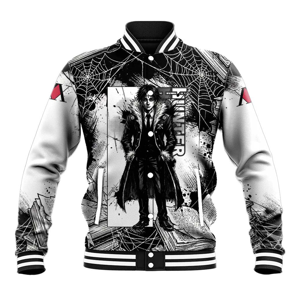 Chrollo Lucilfer Gothic Style Baseball Jacket with Spider Webs, Grimoire Illustration and Monochrome Design - The Mazicc