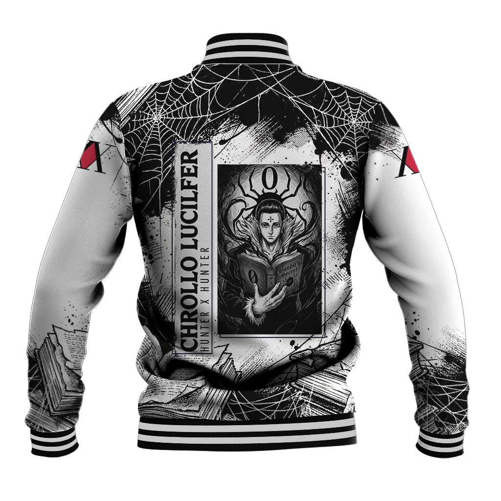 Chrollo Lucilfer Gothic Style Baseball Jacket with Spider Webs, Grimoire Illustration and Monochrome Design - The Mazicc