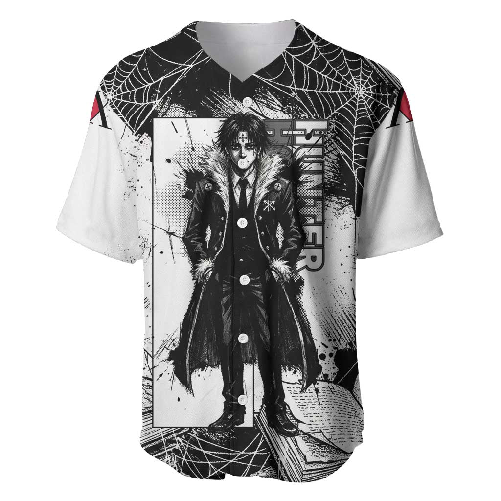 Chrollo Lucilfer Gothic Style Baseball Jersey with Spider Webs, Grimoire Illustration and Monochrome Design - The Mazicc