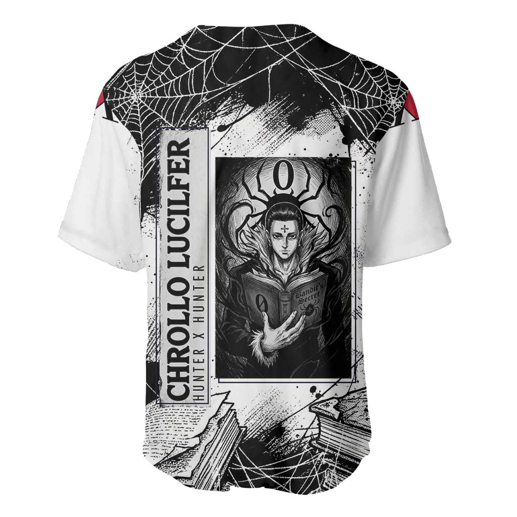 Chrollo Lucilfer Gothic Style Baseball Jersey with Spider Webs, Grimoire Illustration and Monochrome Design - The Mazicc