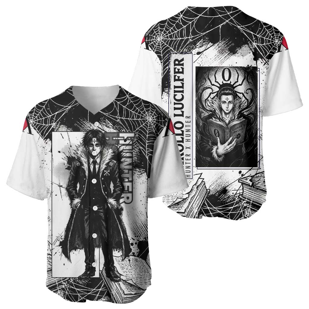 Chrollo Lucilfer Gothic Style Baseball Jersey with Spider Webs, Grimoire Illustration and Monochrome Design - The Mazicc