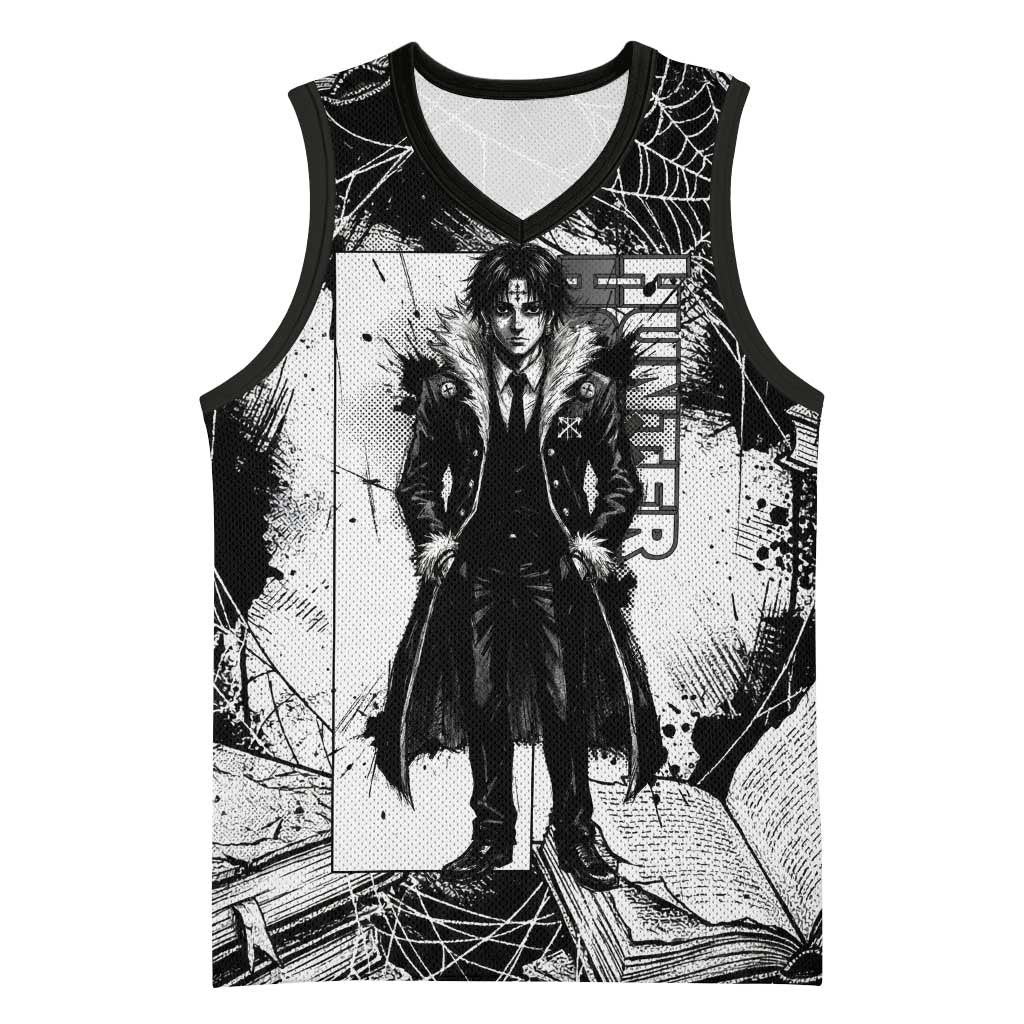 Chrollo Lucilfer Gothic Style Basketball Jersey with Spider Webs, Grimoire Illustration and Monochrome Design - The Mazicc