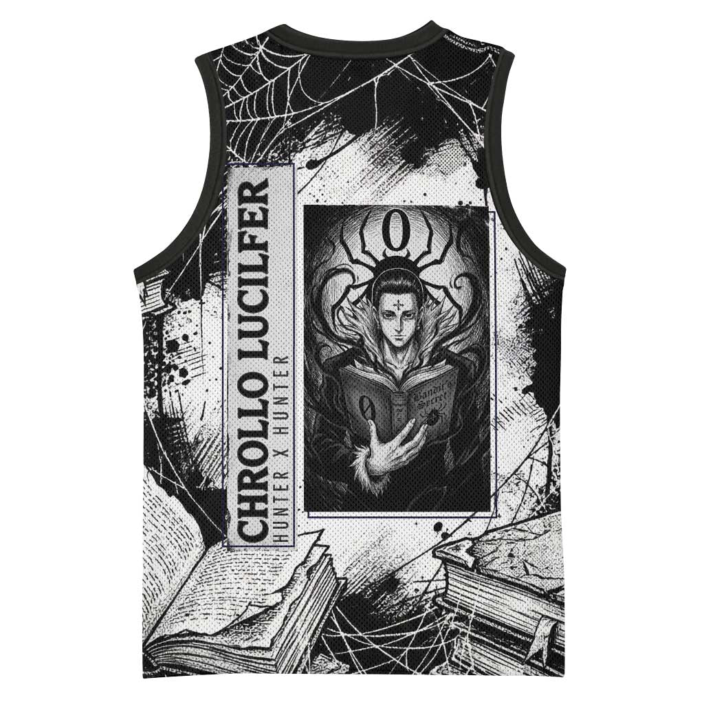 Chrollo Lucilfer Gothic Style Basketball Jersey with Spider Webs, Grimoire Illustration and Monochrome Design - The Mazicc