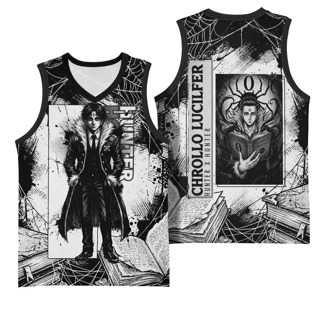 Chrollo Lucilfer Gothic Style Basketball Jersey with Spider Webs, Grimoire Illustration and Monochrome Design - The Mazicc