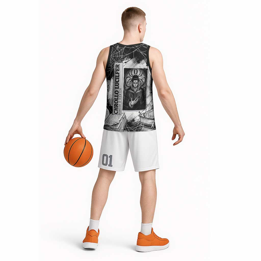 Chrollo Lucilfer Gothic Style Basketball Jersey with Spider Webs, Grimoire Illustration and Monochrome Design - The Mazicc