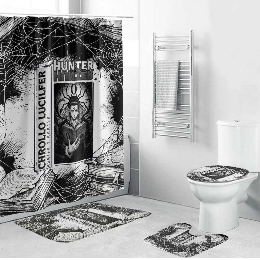 Chrollo Lucilfer Gothic Style Bathroom Set with Spider Webs, Grimoire Illustration and Monochrome Design - The Mazicc