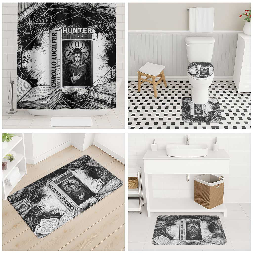 Chrollo Lucilfer Gothic Style Bathroom Set with Spider Webs, Grimoire Illustration and Monochrome Design - The Mazicc