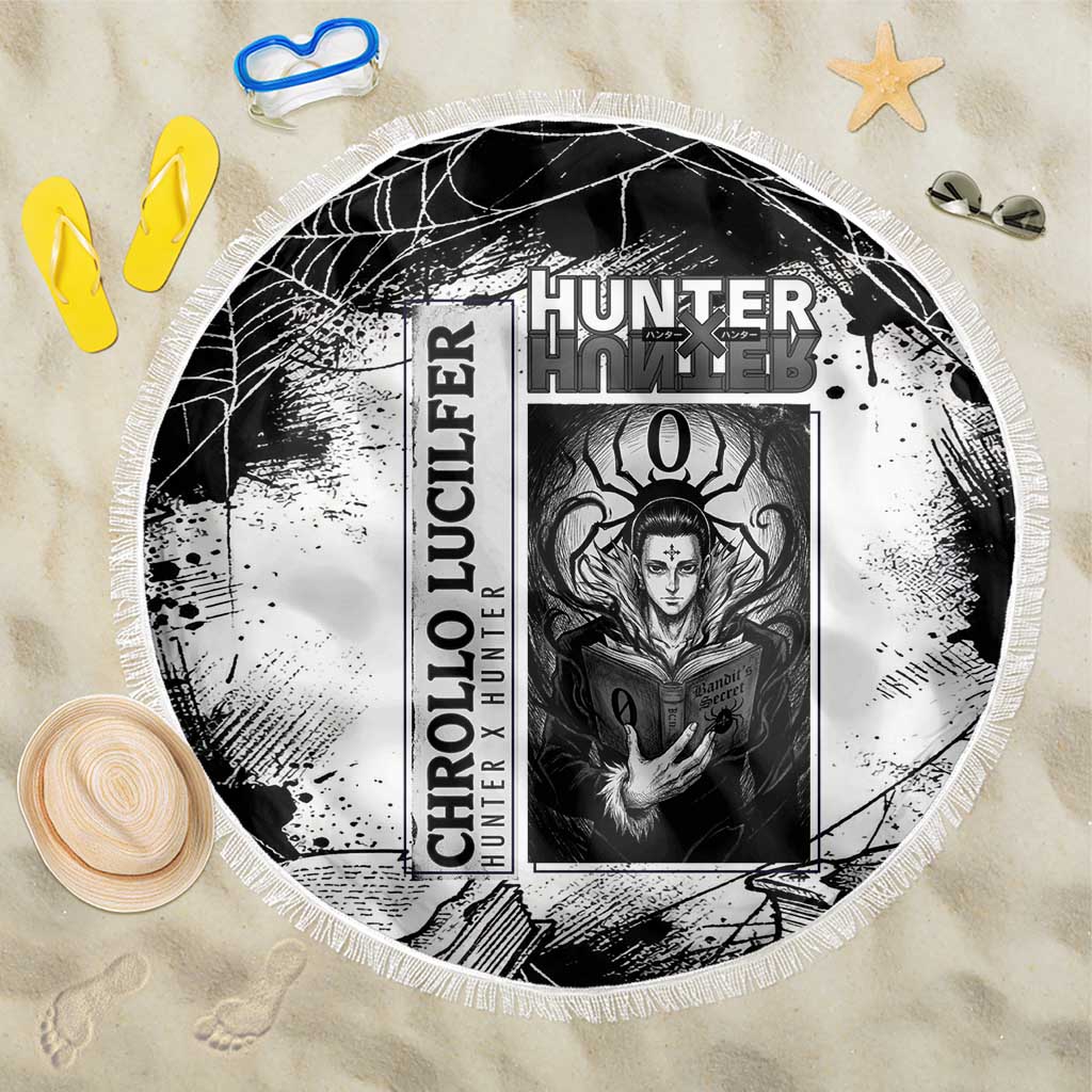 Chrollo Lucilfer Gothic Style Beach Blanket with Spider Webs, Grimoire Illustration and Monochrome Design - The Mazicc