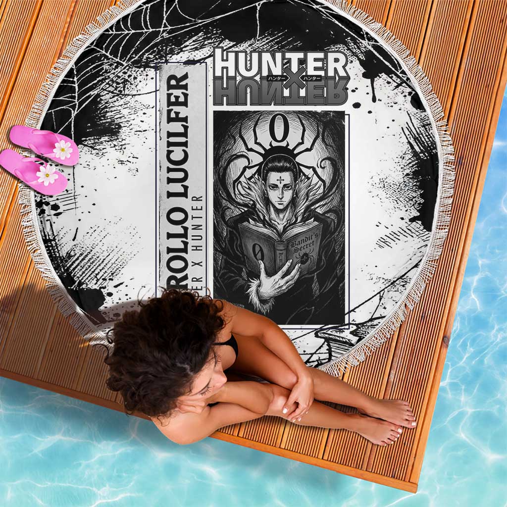Chrollo Lucilfer Gothic Style Beach Blanket with Spider Webs, Grimoire Illustration and Monochrome Design - The Mazicc