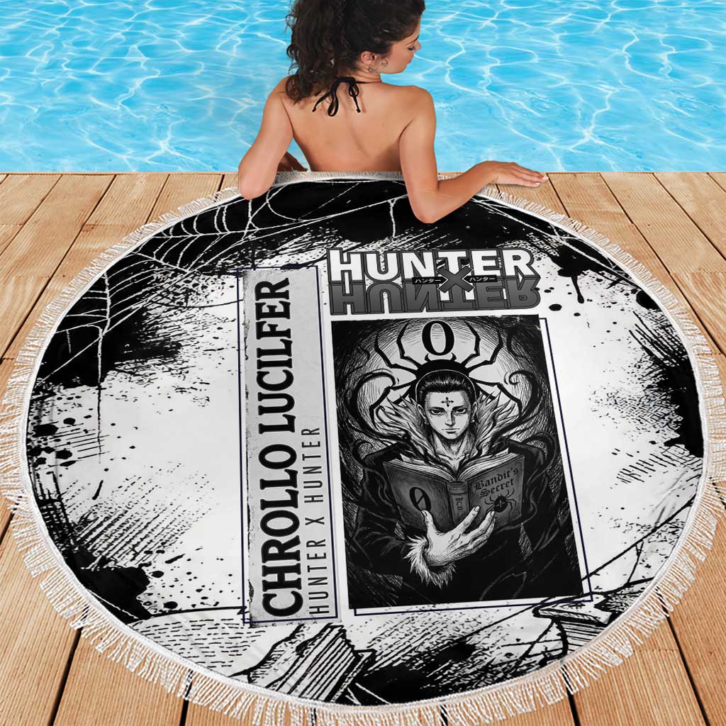 Chrollo Lucilfer Gothic Style Beach Blanket with Spider Webs, Grimoire Illustration and Monochrome Design - The Mazicc