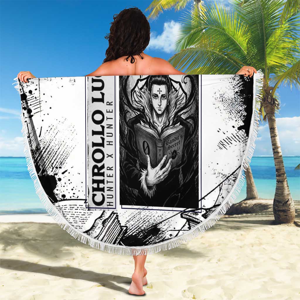 Chrollo Lucilfer Gothic Style Beach Blanket with Spider Webs, Grimoire Illustration and Monochrome Design - The Mazicc