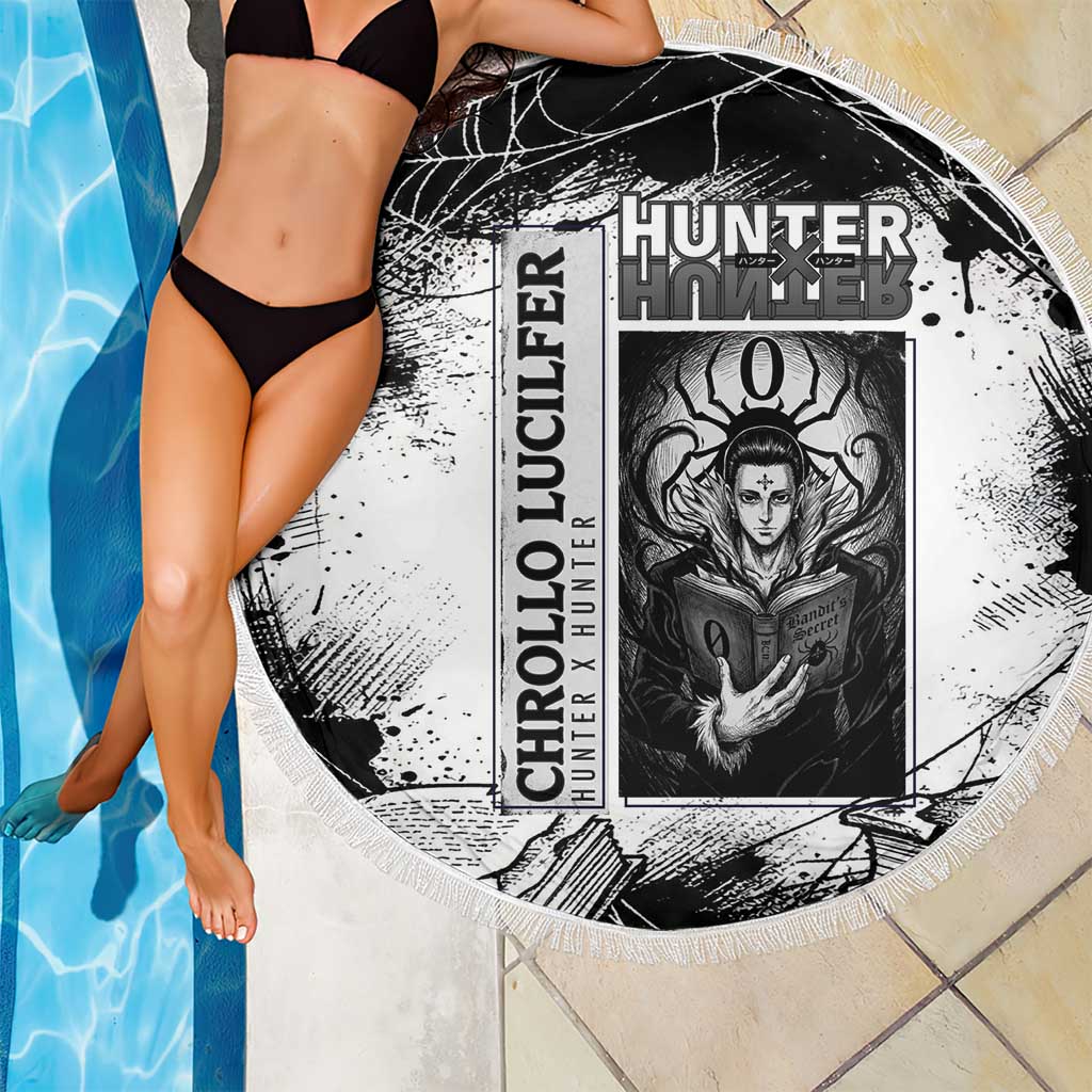 Chrollo Lucilfer Gothic Style Beach Blanket with Spider Webs, Grimoire Illustration and Monochrome Design - The Mazicc
