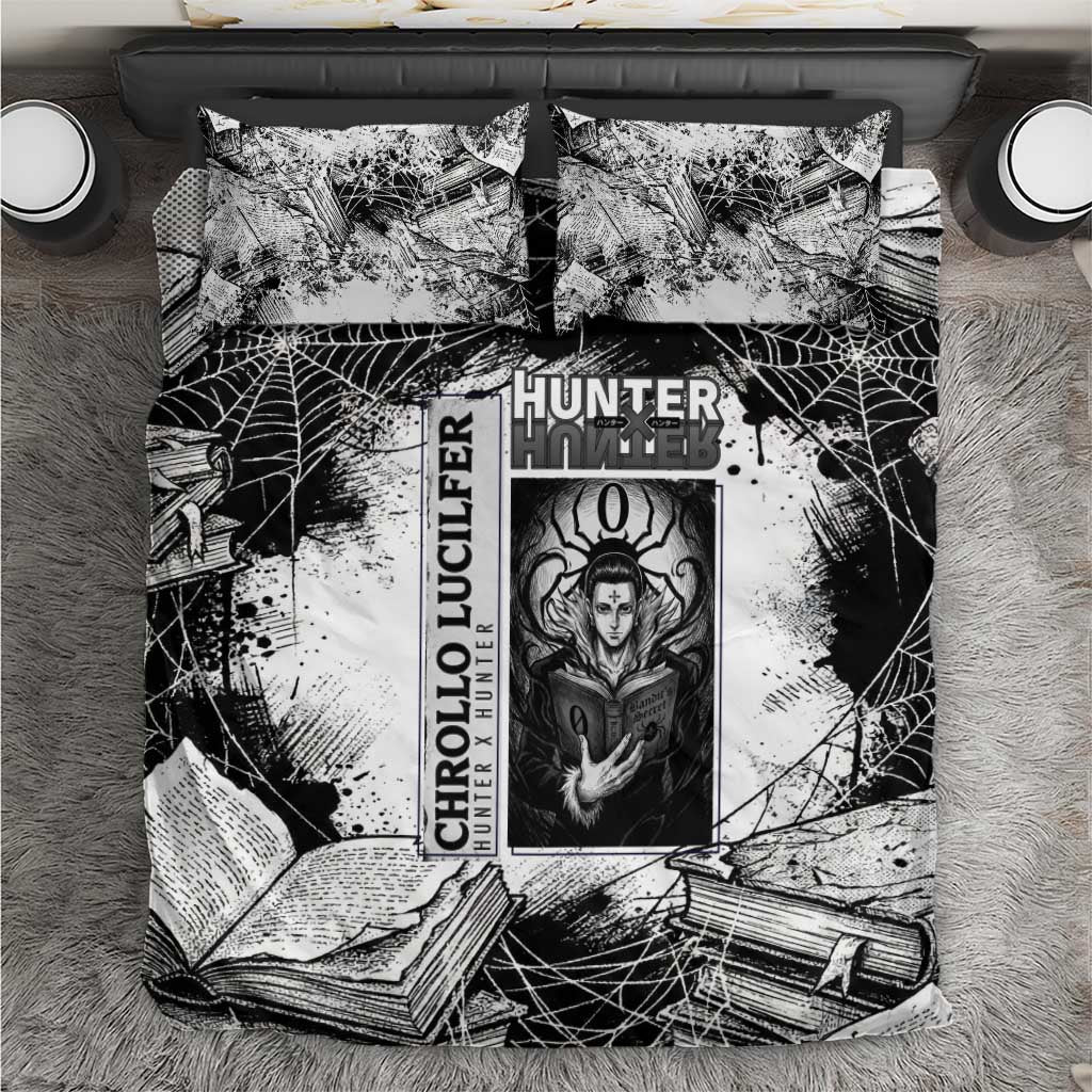 Chrollo Lucilfer Gothic Style Bedding Set with Spider Webs, Grimoire Illustration and Monochrome Design - The Mazicc
