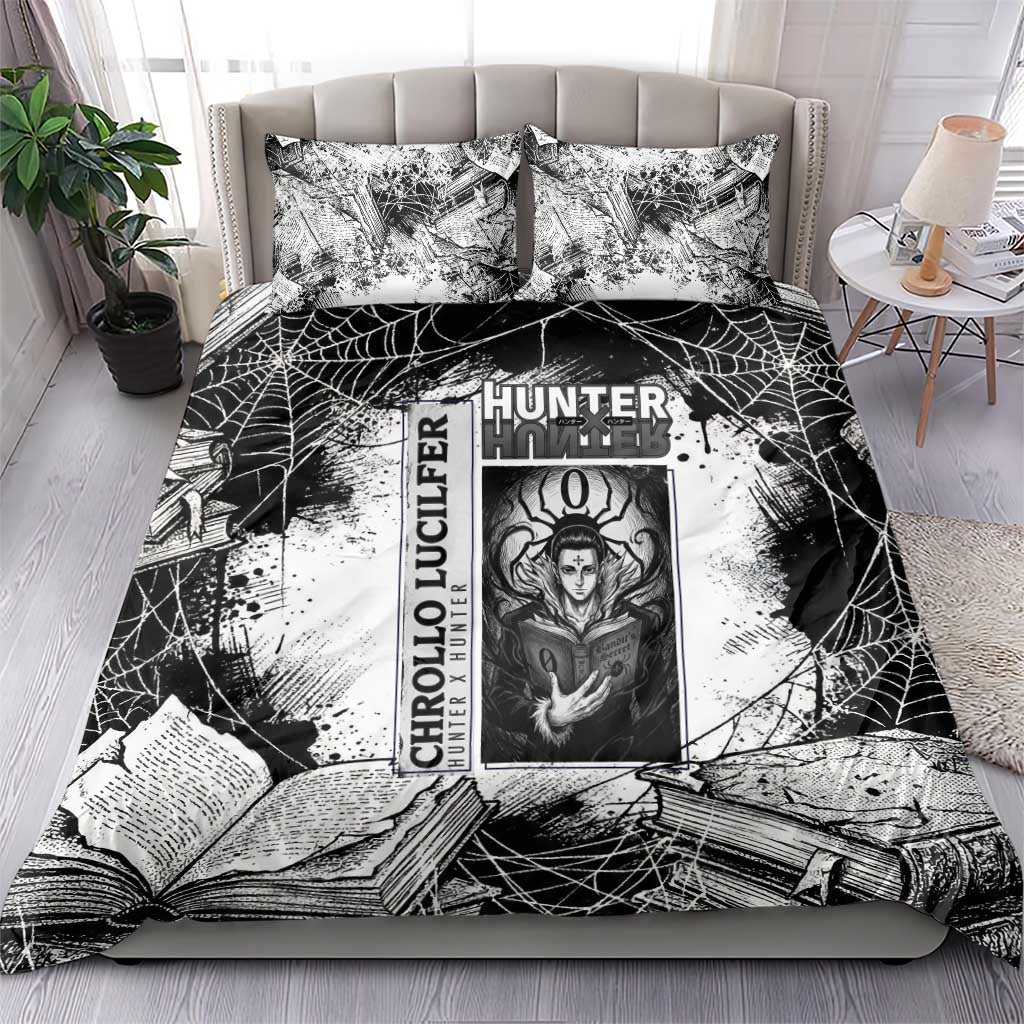 Chrollo Lucilfer Gothic Style Bedding Set with Spider Webs, Grimoire Illustration and Monochrome Design - The Mazicc