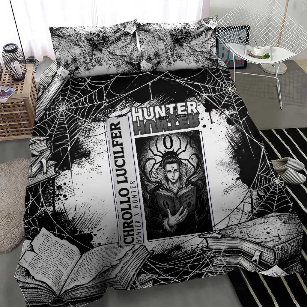 Chrollo Lucilfer Gothic Style Bedding Set with Spider Webs, Grimoire Illustration and Monochrome Design - The Mazicc
