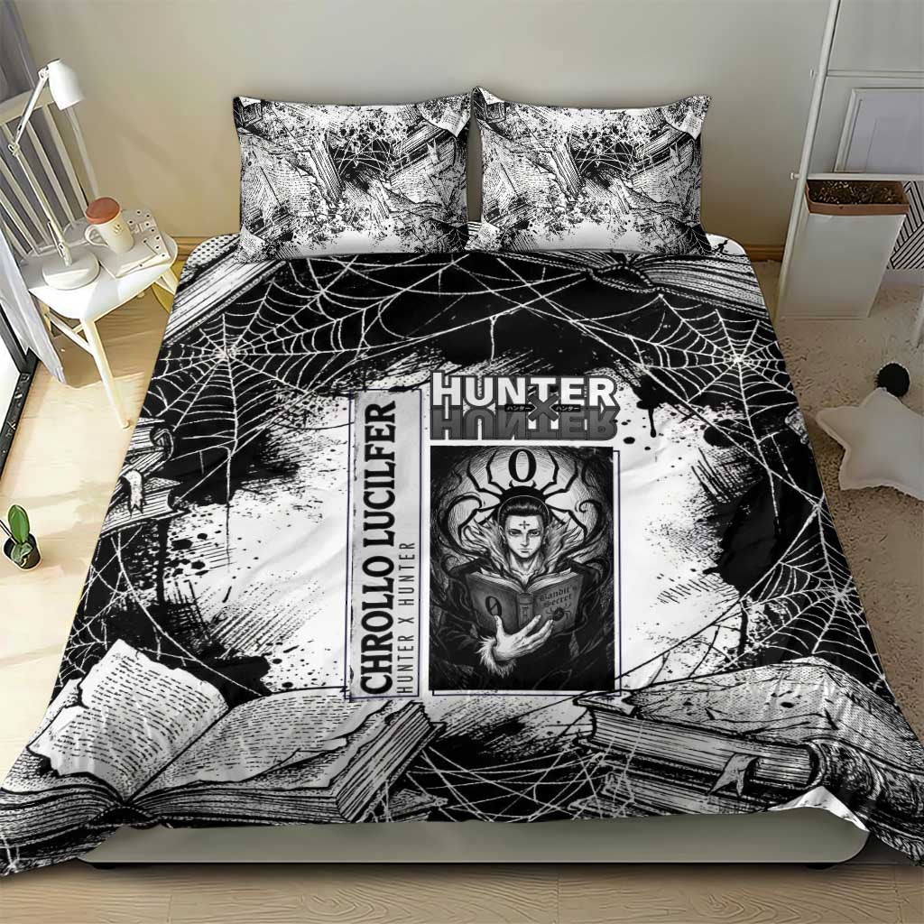 Chrollo Lucilfer Gothic Style Bedding Set with Spider Webs, Grimoire Illustration and Monochrome Design - The Mazicc