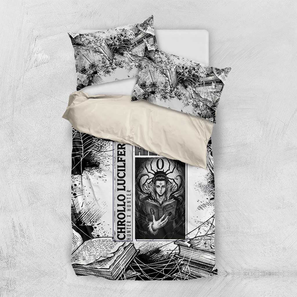 Chrollo Lucilfer Gothic Style Bedding Set with Spider Webs, Grimoire Illustration and Monochrome Design - The Mazicc
