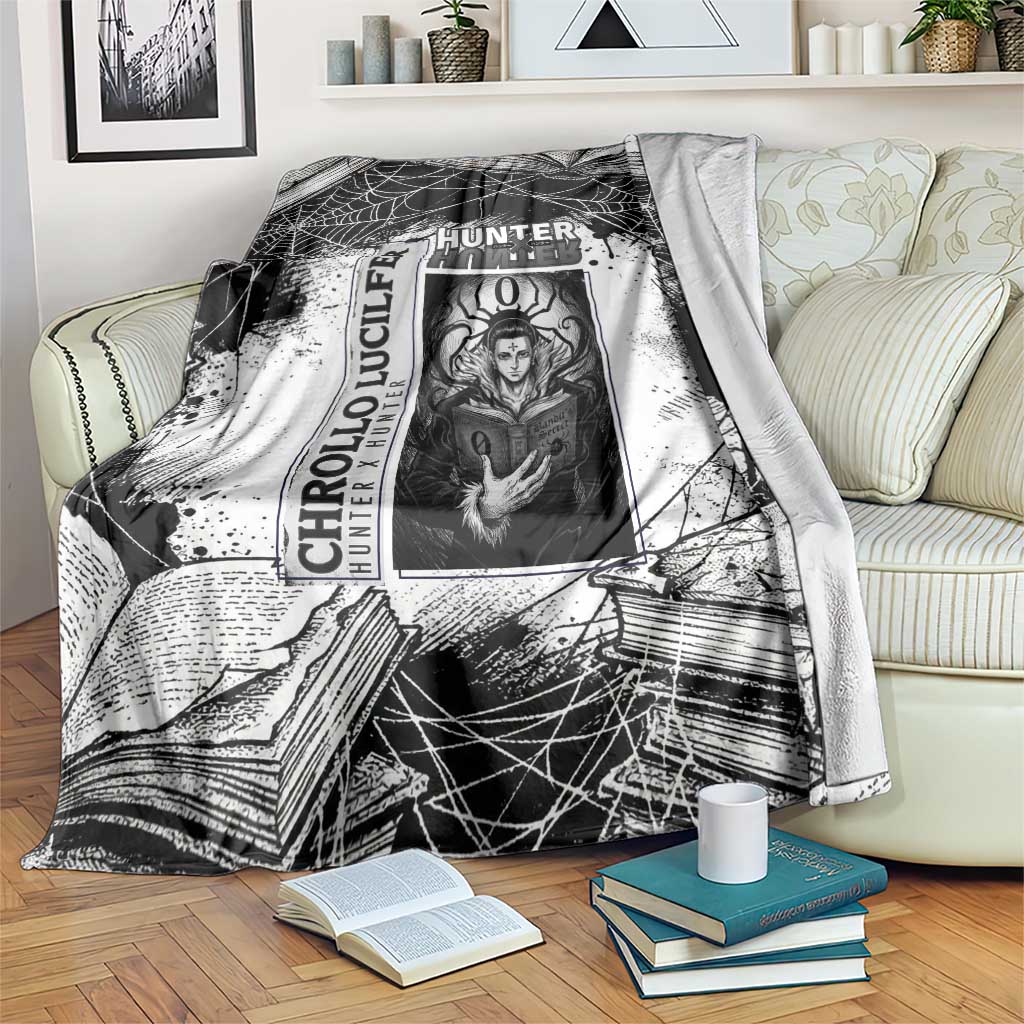 Chrollo Lucilfer Gothic Style Blanket with Spider Webs, Grimoire Illustration and Monochrome Design - The Mazicc