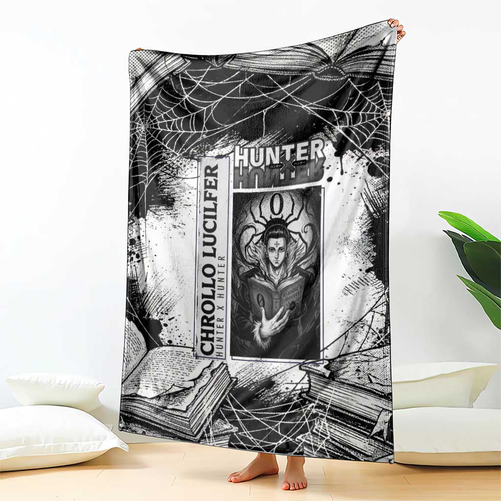 Chrollo Lucilfer Gothic Style Blanket with Spider Webs, Grimoire Illustration and Monochrome Design - The Mazicc
