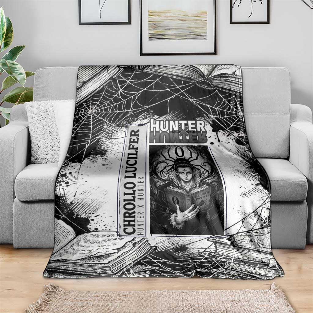 Chrollo Lucilfer Gothic Style Blanket with Spider Webs, Grimoire Illustration and Monochrome Design - The Mazicc