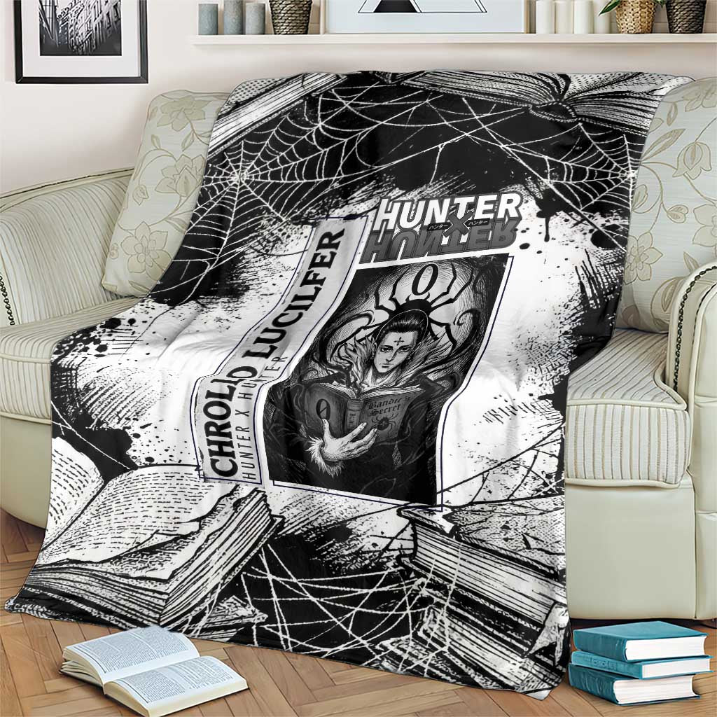 Chrollo Lucilfer Gothic Style Blanket with Spider Webs, Grimoire Illustration and Monochrome Design - The Mazicc