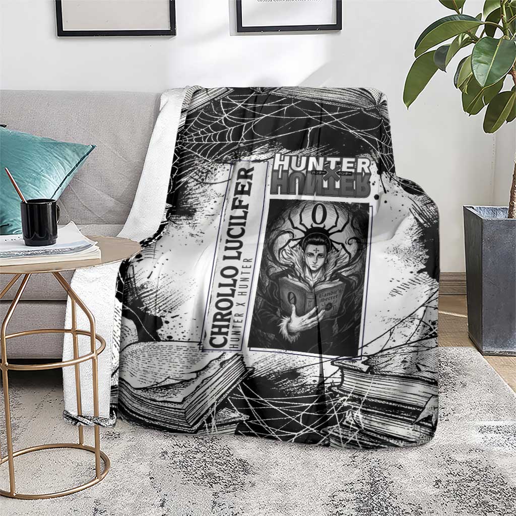 Chrollo Lucilfer Gothic Style Blanket with Spider Webs, Grimoire Illustration and Monochrome Design - The Mazicc