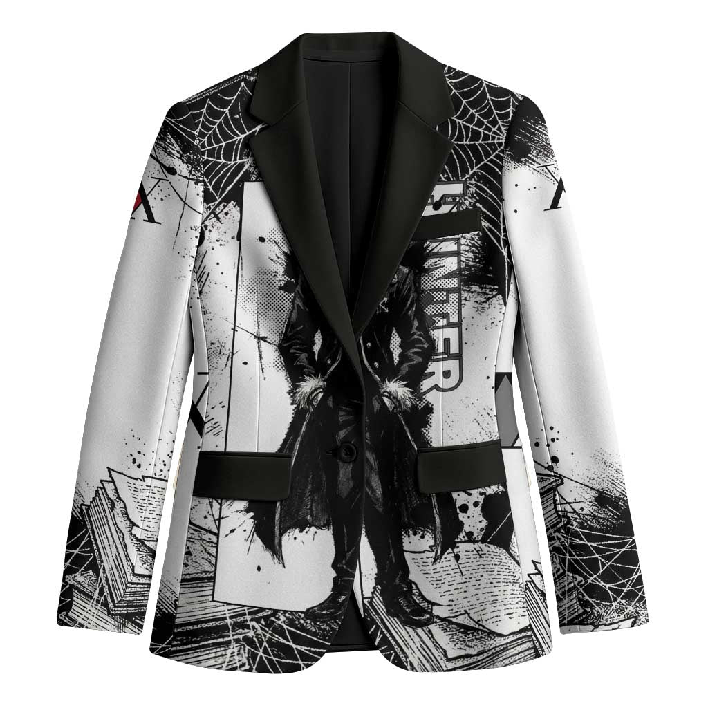 Chrollo Lucilfer Gothic Style Blazer with Spider Webs, Grimoire Illustration and Monochrome Design - The Mazicc