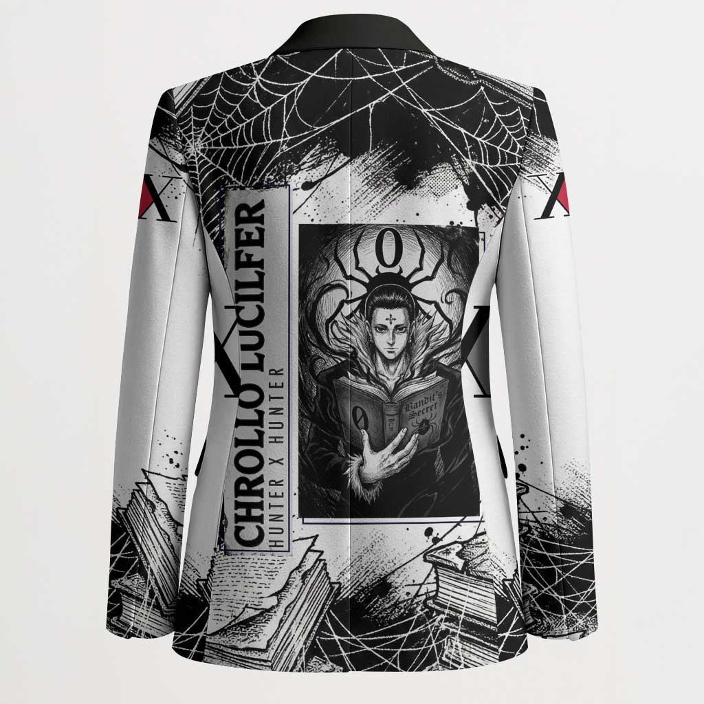 Chrollo Lucilfer Gothic Style Blazer with Spider Webs, Grimoire Illustration and Monochrome Design - The Mazicc