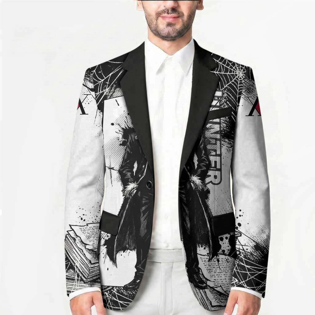 Chrollo Lucilfer Gothic Style Blazer with Spider Webs, Grimoire Illustration and Monochrome Design - The Mazicc