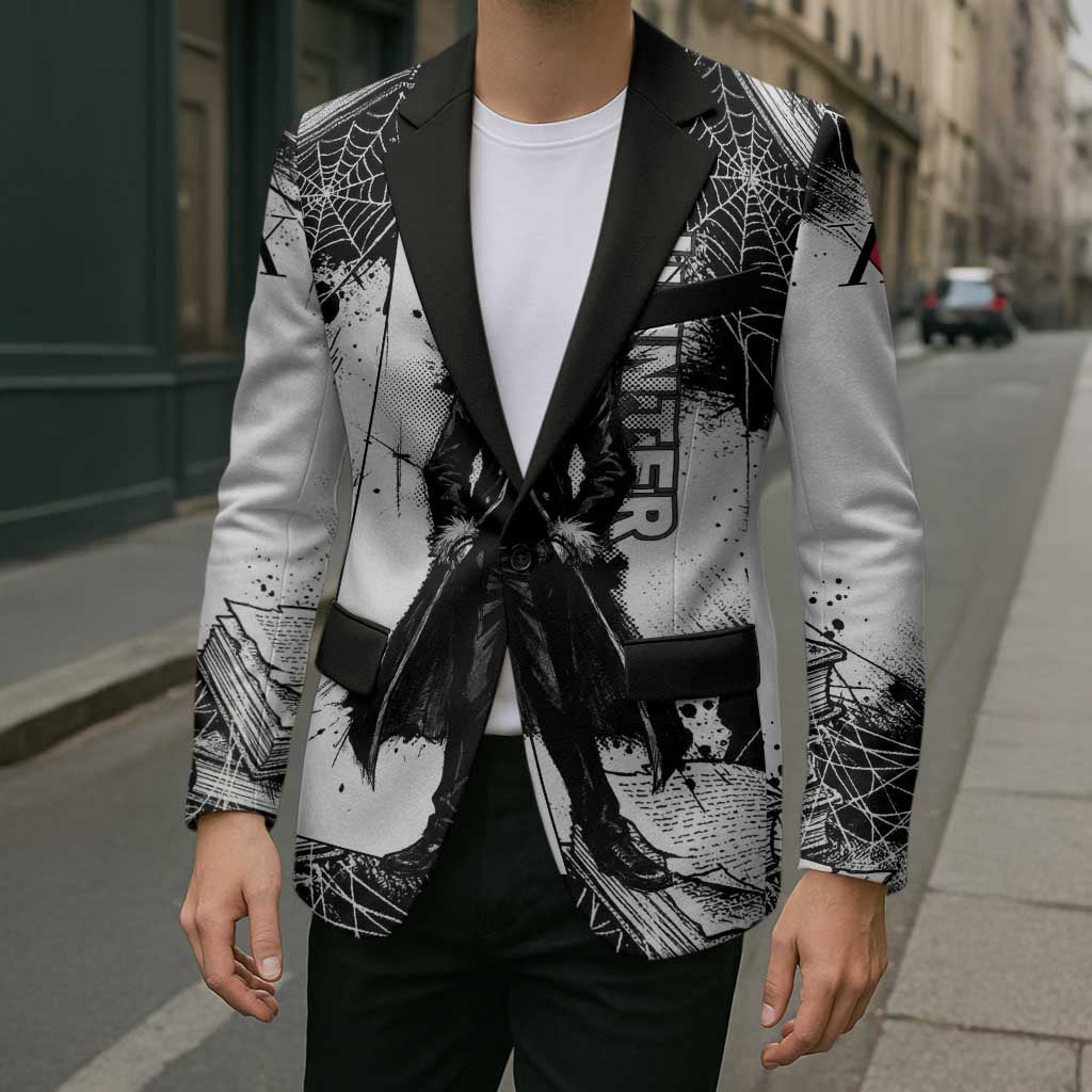 Chrollo Lucilfer Gothic Style Blazer with Spider Webs, Grimoire Illustration and Monochrome Design - The Mazicc