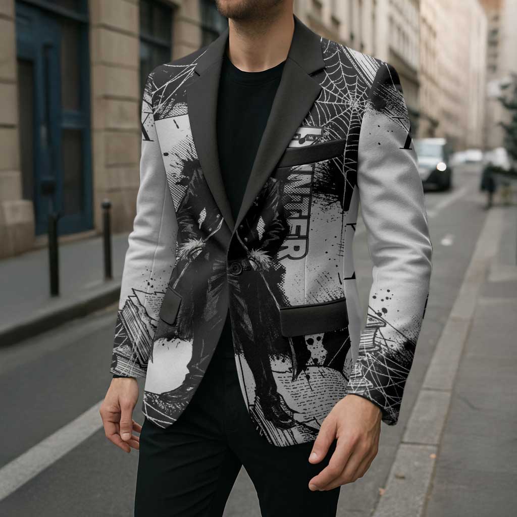 Chrollo Lucilfer Gothic Style Blazer with Spider Webs, Grimoire Illustration and Monochrome Design - The Mazicc