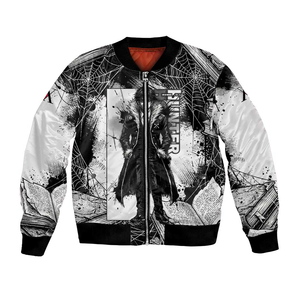 Chrollo Lucilfer Gothic Style Bomber Jacket with Spider Webs, Grimoire Illustration and Monochrome Design - The Mazicc