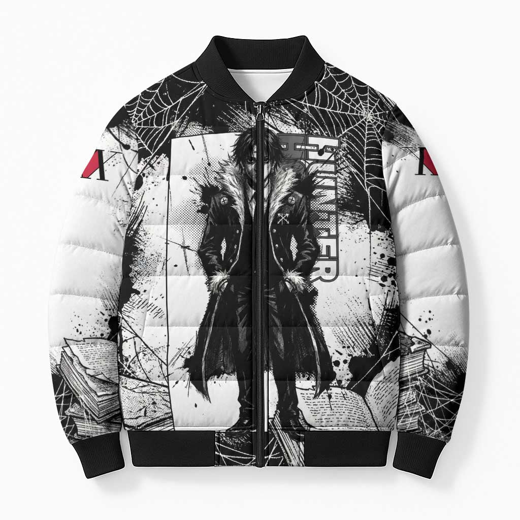 Chrollo Lucilfer Gothic Style Bomber Puffer Jacket with Spider Webs, Grimoire Illustration and Monochrome Design - The Mazicc