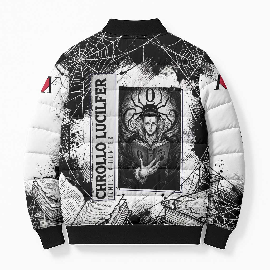 Chrollo Lucilfer Gothic Style Bomber Puffer Jacket with Spider Webs, Grimoire Illustration and Monochrome Design - The Mazicc