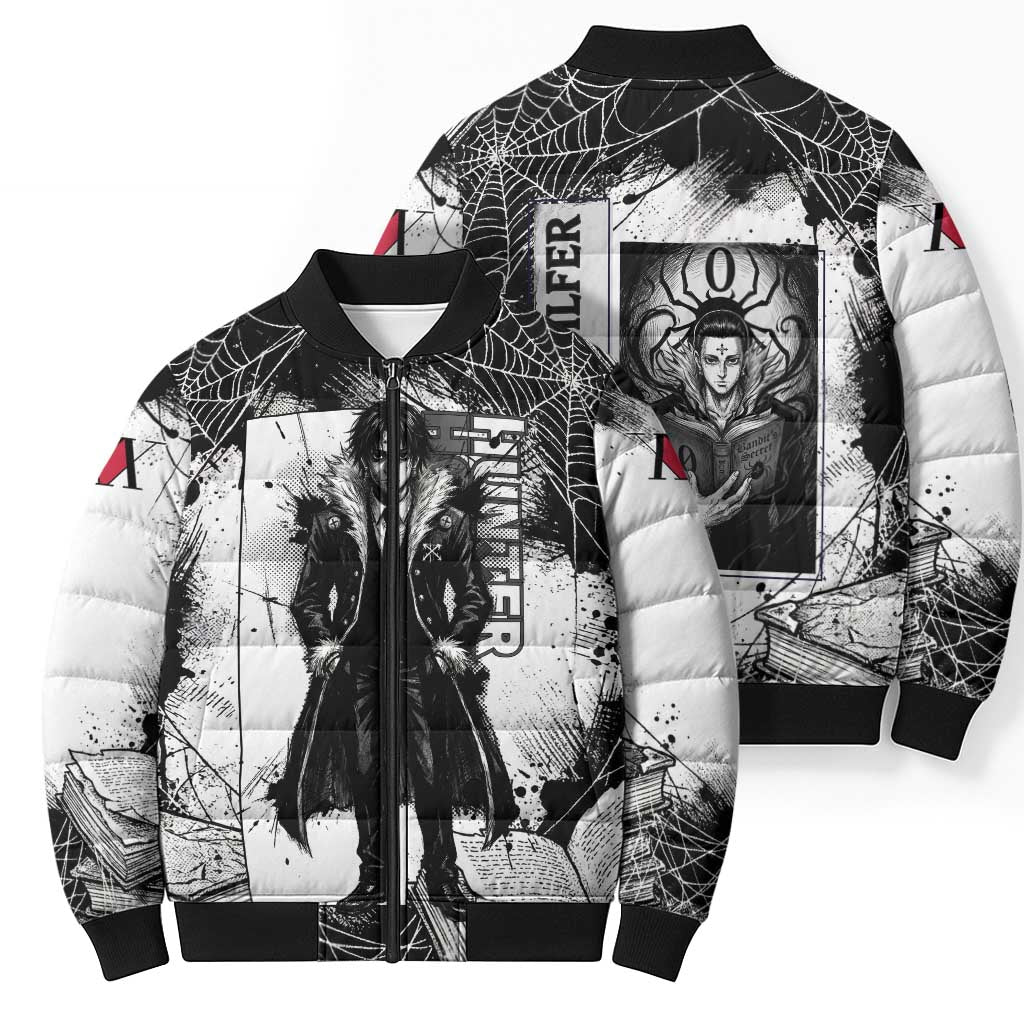 Chrollo Lucilfer Gothic Style Bomber Puffer Jacket with Spider Webs, Grimoire Illustration and Monochrome Design - The Mazicc