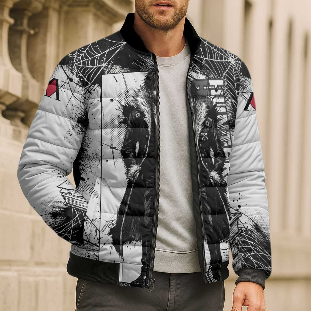 Chrollo Lucilfer Gothic Style Bomber Puffer Jacket with Spider Webs, Grimoire Illustration and Monochrome Design - The Mazicc