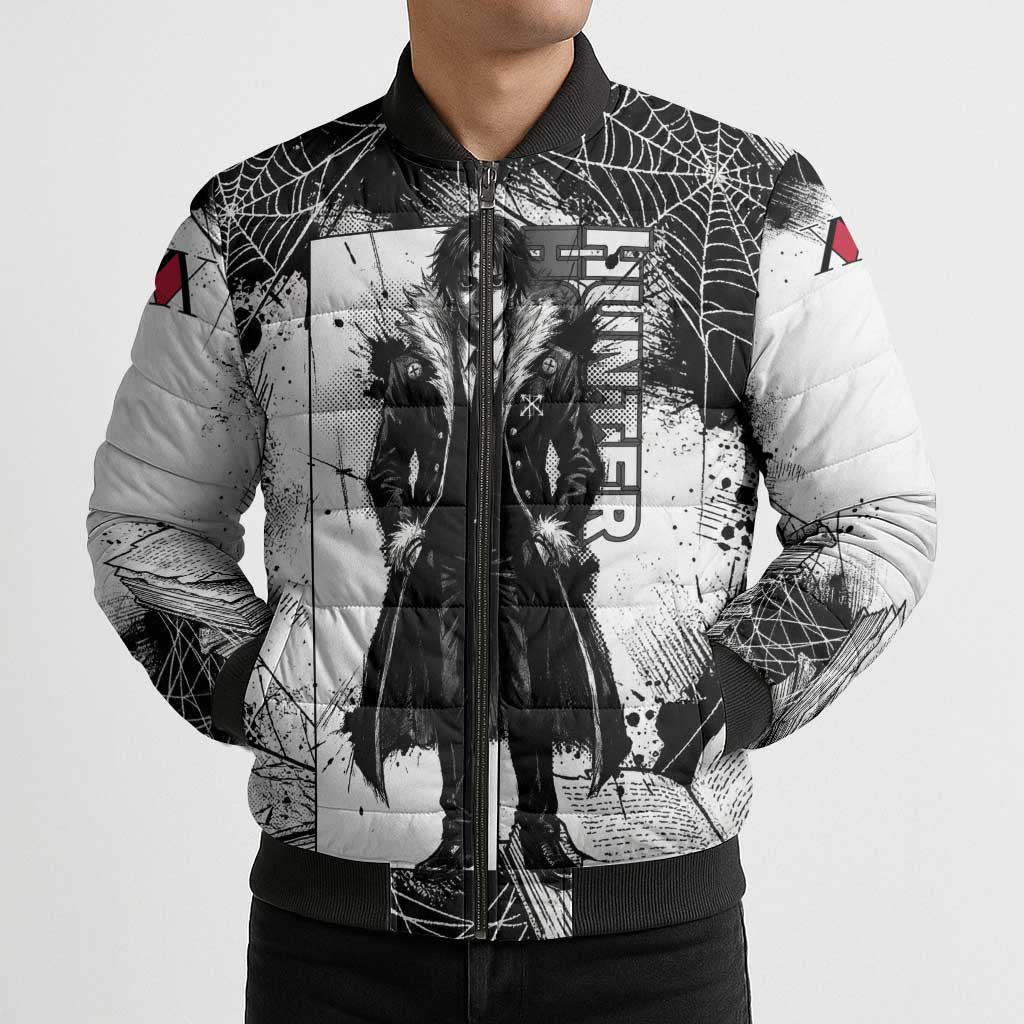 Chrollo Lucilfer Gothic Style Bomber Puffer Jacket with Spider Webs, Grimoire Illustration and Monochrome Design - The Mazicc