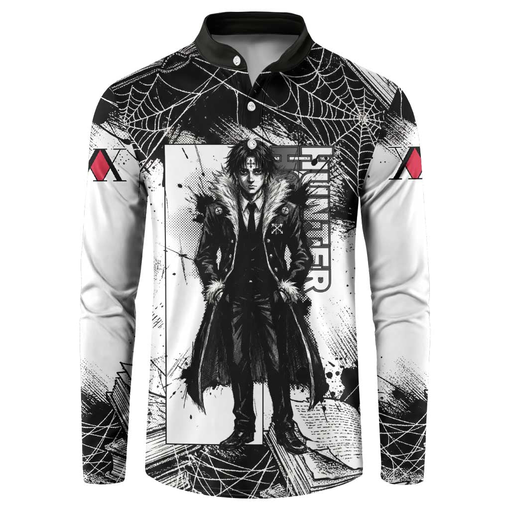 Chrollo Lucilfer Gothic Style Button Sweatshirt with Spider Webs, Grimoire Illustration and Monochrome Design - The Mazicc