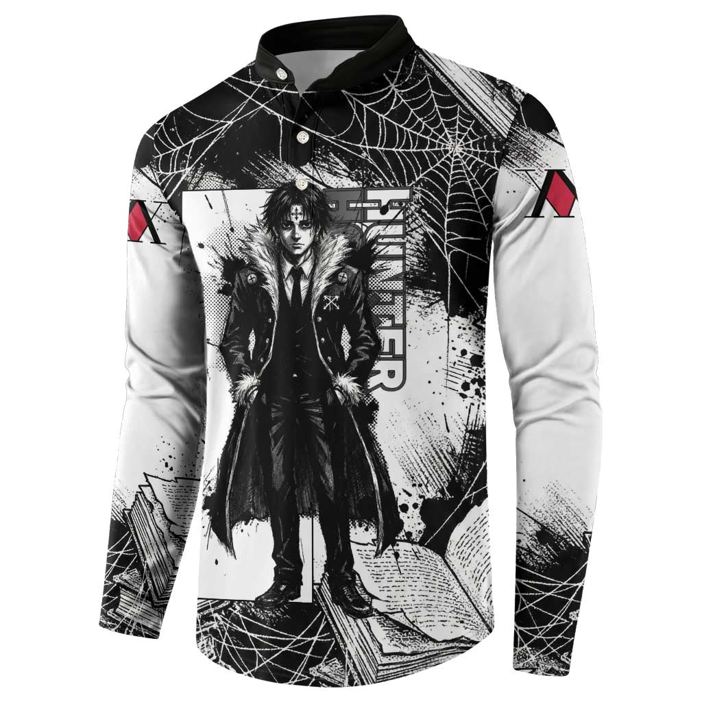 Chrollo Lucilfer Gothic Style Button Sweatshirt with Spider Webs, Grimoire Illustration and Monochrome Design - The Mazicc