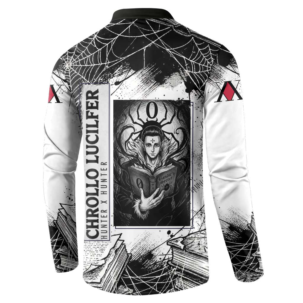 Chrollo Lucilfer Gothic Style Button Sweatshirt with Spider Webs, Grimoire Illustration and Monochrome Design - The Mazicc