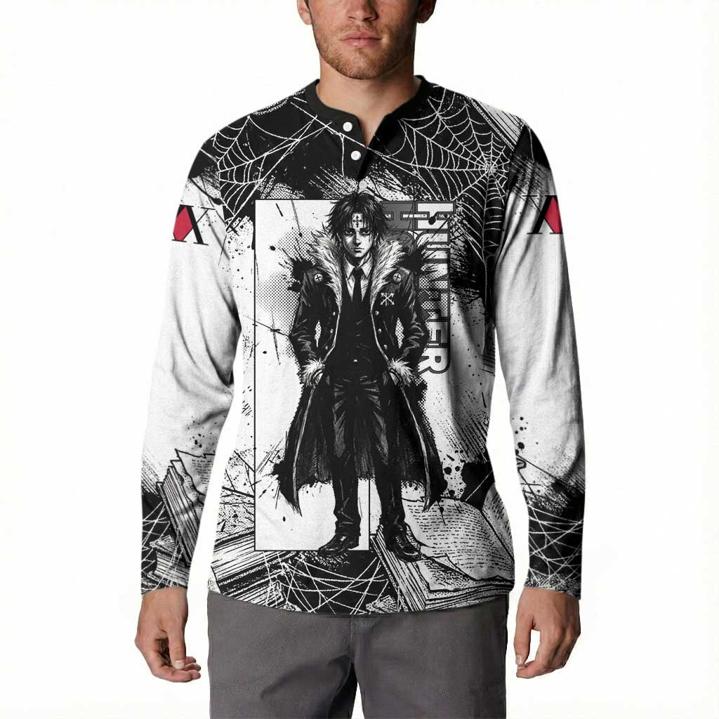 Chrollo Lucilfer Gothic Style Button Sweatshirt with Spider Webs, Grimoire Illustration and Monochrome Design - The Mazicc