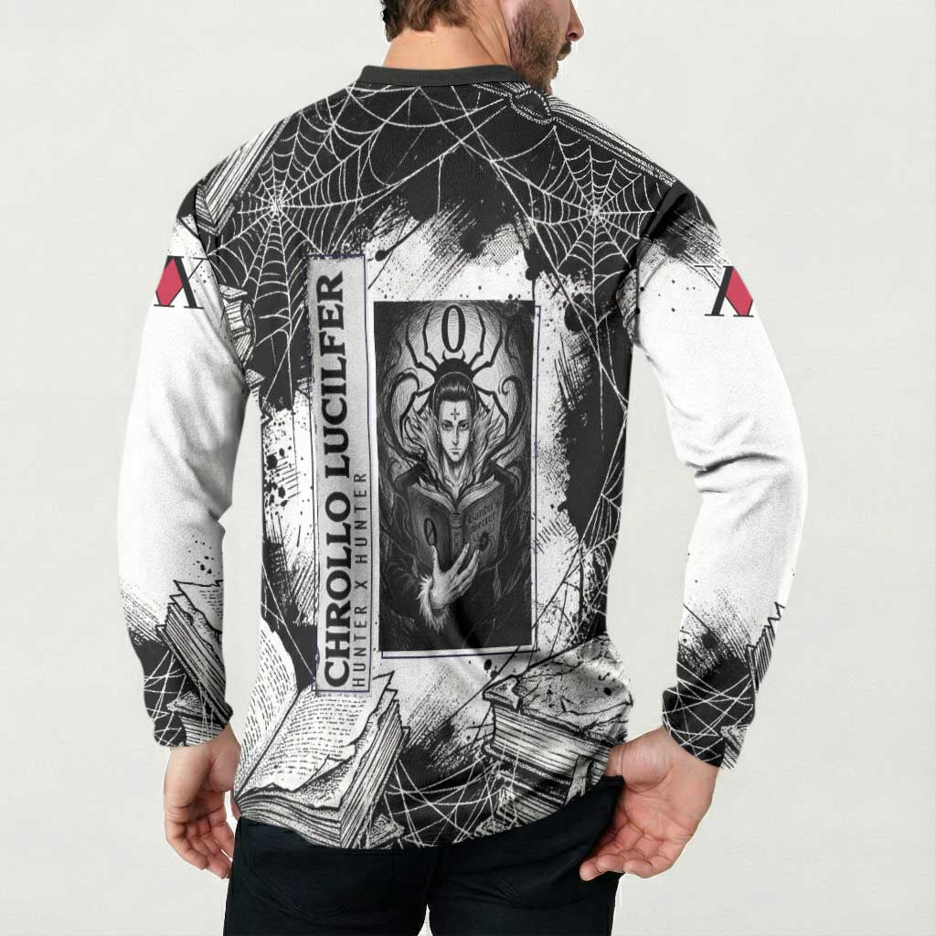 Chrollo Lucilfer Gothic Style Button Sweatshirt with Spider Webs, Grimoire Illustration and Monochrome Design - The Mazicc
